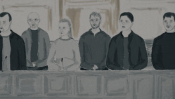 The Outreau Case screenshot 2: Artist drawing of defendants standing in court. 