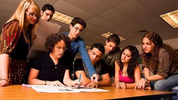The Paper TV show screenshot: the staff of the paper gathers around their instructor