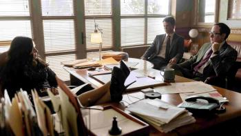 The Rainmaker: Milo Callaghan, P.J. Byrne and Lana Parrilla are in a crowded office.  