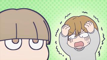 The Ramparts of Ice TV show screenshot 2: In a chibi art style, Koyuki makes a blank face while watching Miki panic a bit.