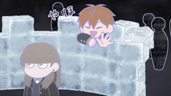 The Ramparts of Ice TV show screenshot 3: In a chibi art style, Koyuki walks away from a wall of ice blocks