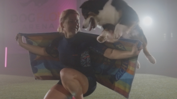 The Secret Life of Dancing Dogs screenshot 4: Meredith jumps over Christine Béczes shoulder during performance. performs with 