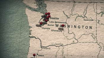 Conversations with a Killer: The Ted Bundy Tapes TV show screenshot 1: Red pins stuck in map of Washington and Oregon. 