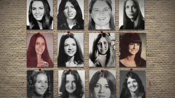 Conversations with a Killer: The Ted Bundy Tapes TV show screenshot 2: 12 photographs of female victims on bulletin board