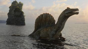 The Dinosaurs TV show screenshot: A dinosaur with a long neck and a fin on it's back is shown in the water in front of a large rock.
