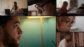 The Class TV show screenshot 1: Split screen shows profile of college adviser surrounded by teens attending class virtually in their devices.