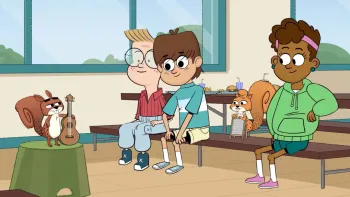 The Dead Sea Squirrels TV show screenshot 1: Squirrels play instruments as they sing to Michael, Justin and Sadie in the school cafeteria.