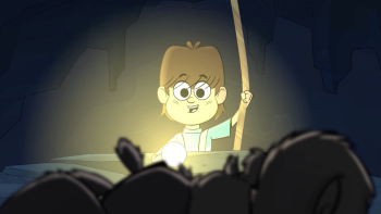 The Dead Sea Squirrels TV show screenshot 2: Michael points a yellow light at the petrified bodies of the squirrels