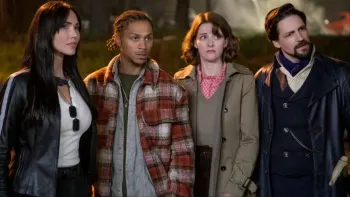 The Librarians The Next Chapter TV: Charlie, Connor, Lyra and Vikram stand side by side, looking off-camera to the right, confused.