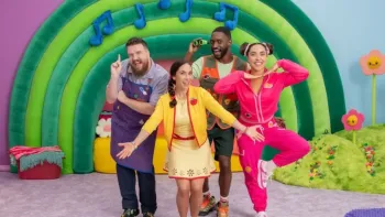 The Melon Patch TV: Ms Appleberry stands with arms wide open, followed by Mr Doodad, Mr Acorn and Ms Twist, in front of a melon-stripped rainbow.