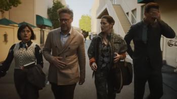 The Studio TV show screenshot: Two men and two women walk in a studio backlot, looking dismayed