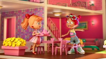 The Tinies TV: Inside a dollhouse, Bella carries a tray of tea to serve her sister Ollie who has an arm pointing to the table between them. 