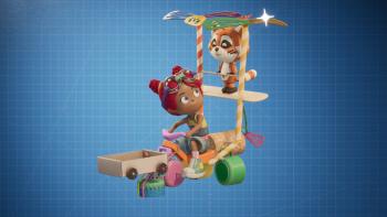The Tinies TV: In a blueprint background, Ollie sits on a tricycle crafted with a paraglider using recycled materials.