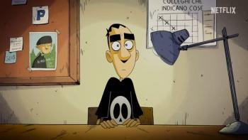This World Can't Tear Me Down TV show screenshot: An animated man sits at a table with an interrogating lamp shining in his face.