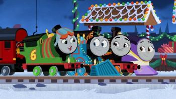 Thomas and Friends the Christmas Letter Express TV show screenshot 1: Thomas the Tank Engines and friends are wearing Christmas lights