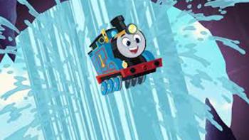 Thomas & Friends: The Mystery of Lookout Mountain: Thomas smiles as he is suspended in mid-air in a waterfall.