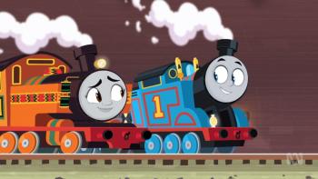 Thomas & Friends Sodor Sings Together TV: Nia seems concerned as she faces a side-smiling Thomas. Both run in parallel, full steams.
