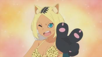 'Tis Time for "Torture," Princess: A girl with cat ears, big cat paws, and a leopard-print binki poses, giving the peace sign