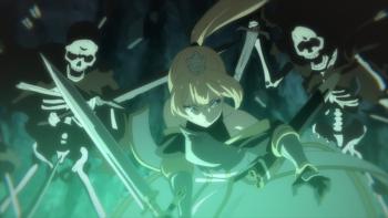 'Tis Time for "Torture," Princess: Princess and Excalbur fight two skeletons in a green fog.