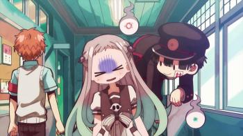 Toilet-bound Hanako-kun: Hanako floats over Nene's shoulder. She looks nervous. They pass by Kuo, walking away, in the hallway.