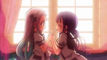 Toilet-bound Hanako-kun: Aoi grasps Nene's hands as they stand facing each other in front of a classroom window. Golden sunlight streams in. 