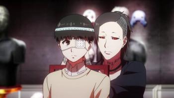 Tokyo Ghoul TV show screenshot 3: A boy with an eye patch sits in a chair while a strange looking man with tattoos, face piercings, and black and red eyes works behind him.
