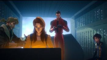 Tokyo Override TV Show: A woman looks at a computer screen while three other people stand behind her talking to each other.