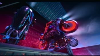 Tokyo Override TV Show: Three motorcycles are shown balancing on their rear wheels, appearing to be beginning a race.