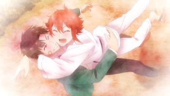 Tomo-chan Is a Girl! TV Show: A woman with red hair who is wearing a karate gi jumps into the arms of a boy wearing a green school uniform.