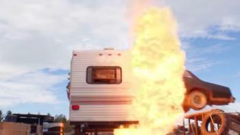 Too Stupid to Die TV Series: Driving a car through a camper. 