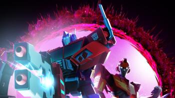 Transformers EarthSpark Hometown Heroes TV: Optimus Prime and Hot Rod walk out of the open Space Bridge.