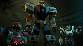 Transformers EarthSpark Legacy Of Hope TV: Twitch has her arms crossed, upset at Thrash who points ahead; Bumblebee stands between them.