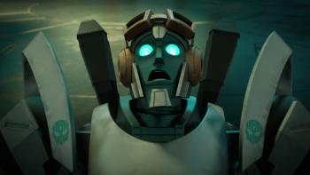 Transformers EarthSpark Legacy Of Hope TV: Thrash stares in shock into the camera.