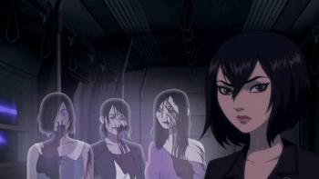 Trese TV show screenshot 2: Alexandra Trese stands in front of three ghost females who have serious injuries on their faces