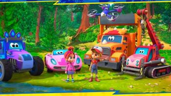 Turbozaurs TV: In the jungle, Thor, Jo, Bull, Jerry and Unky in car form listen attentively to Katie and Peter, who points towards the right.