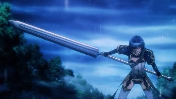 Ubel Blatt TV Show: A girl in a revealing outfit wields an extremely large sword in the gloomy rainy sky. 