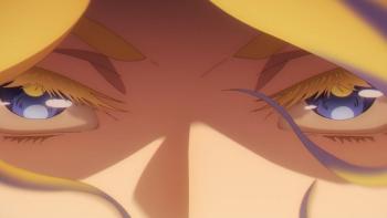 Umamusume: Cinderella Gray TV show screenshot 2: An intense and serious close-up of Dicta Striker’s blue and yellow eyes