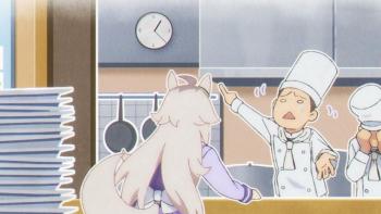 Umamusume: Cinderella Gray TV show screenshot 3: Oguri speaks with two visibly anxious chefs, and one points up at the clock on the wall 