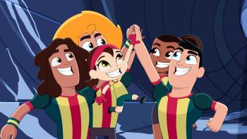 Underdogs United TV show screenshot 1: Kiko, Beto and Gigi to the left high fight Emma and Capi to the right.