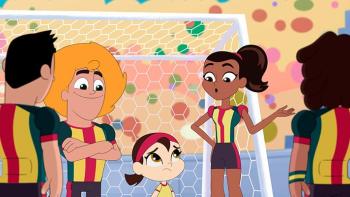 Underdogs United TV show screenshot 2: The team stands around Gigi in front of the goal during a soccer match.