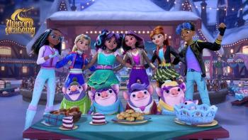 Unicorn Academy Winter Solstice TV show screenshot: Friends Layla, Isabel, Ava, Sophia, Valentina and Rory embrace, while dwerpins feast