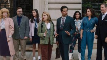 Up Here TV show:  Lindsay and Miguel stand together in the center of the picture, surrounded by actors portraying their inner voices, three men ad women for both characters