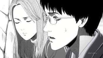 Uzumaki TV show screenshot 1: Kirie and Suichi look concerned as they talk while walking home.