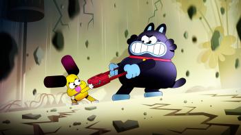 We Lost Our Human TV Show: cat Pud and dog Ham are both pulling angrily on a backpack