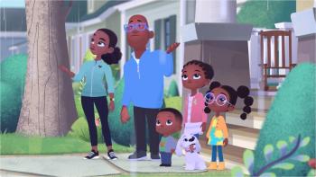 Weather Hunters TV show screenshot 1: The Hunter family stands outside, checking for rain