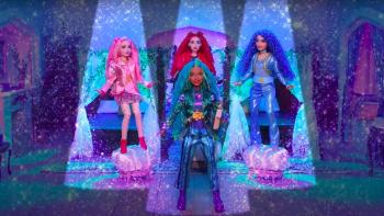 Wickedly Sweet TV show screenshot 2: Doll version of Uliana, dark-skinned with colored braids, stand center under the spotlight. Others in bg