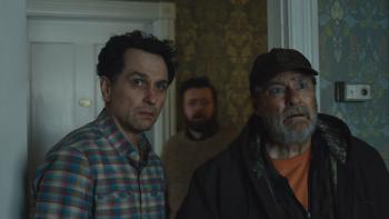 Widow's Bay TV show screenshot 3: the mayor (Rhys) and Wyck (Stephen Root) form an alliance