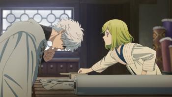 Witch Hat Atelier TV show screenshot 1: Qifrey leans in close to inspect Coco's work as she accurately and swiftly cuts and measures fabric.