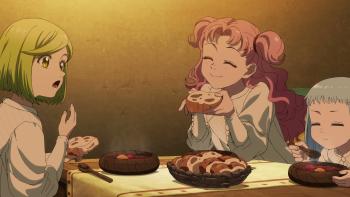 Witch Hat Atelier TV show screenshot 5: Coco, Tetia, and Richeh eat a homemade soup and bread dinner. 