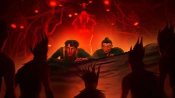 Wolf King TV show: Hector and Drew face down enemies in front of a glowing fire